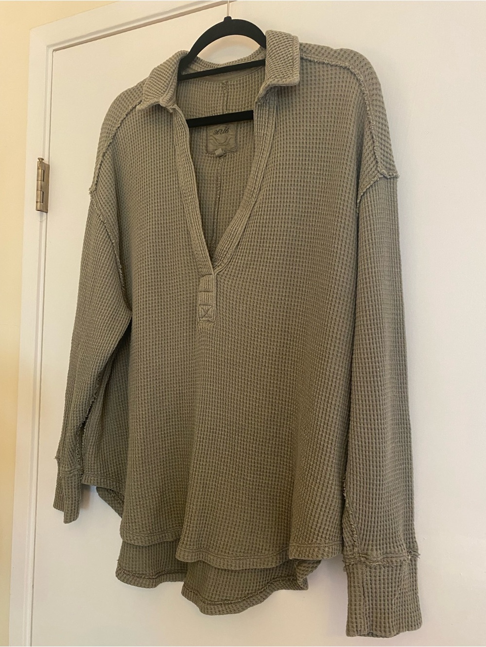 aerie Olive Waffle-Knit Long Sleeve Pullover
